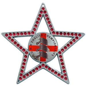 GOLD 75MM - RED STAR GEMSTONE CUSTOM MEDAL **SPARKLE**